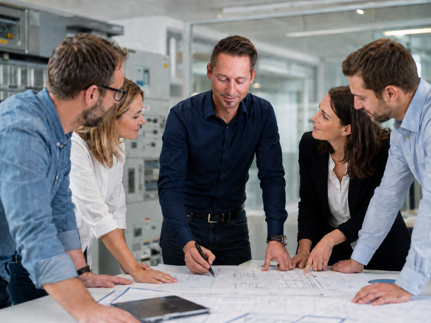 Planungsbesprechung von Ingenieuren bei der Prüfung technischer Schaltpläne