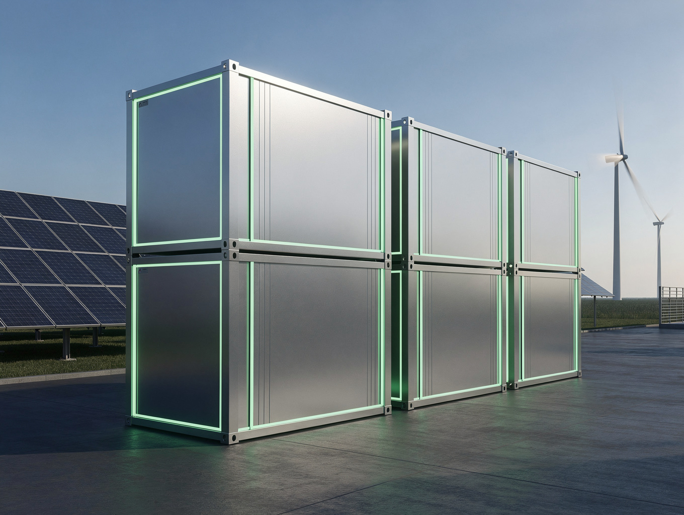 Moderner industrieller Batteriespeicher auf Betonfundament unter natürlichem Tageslicht